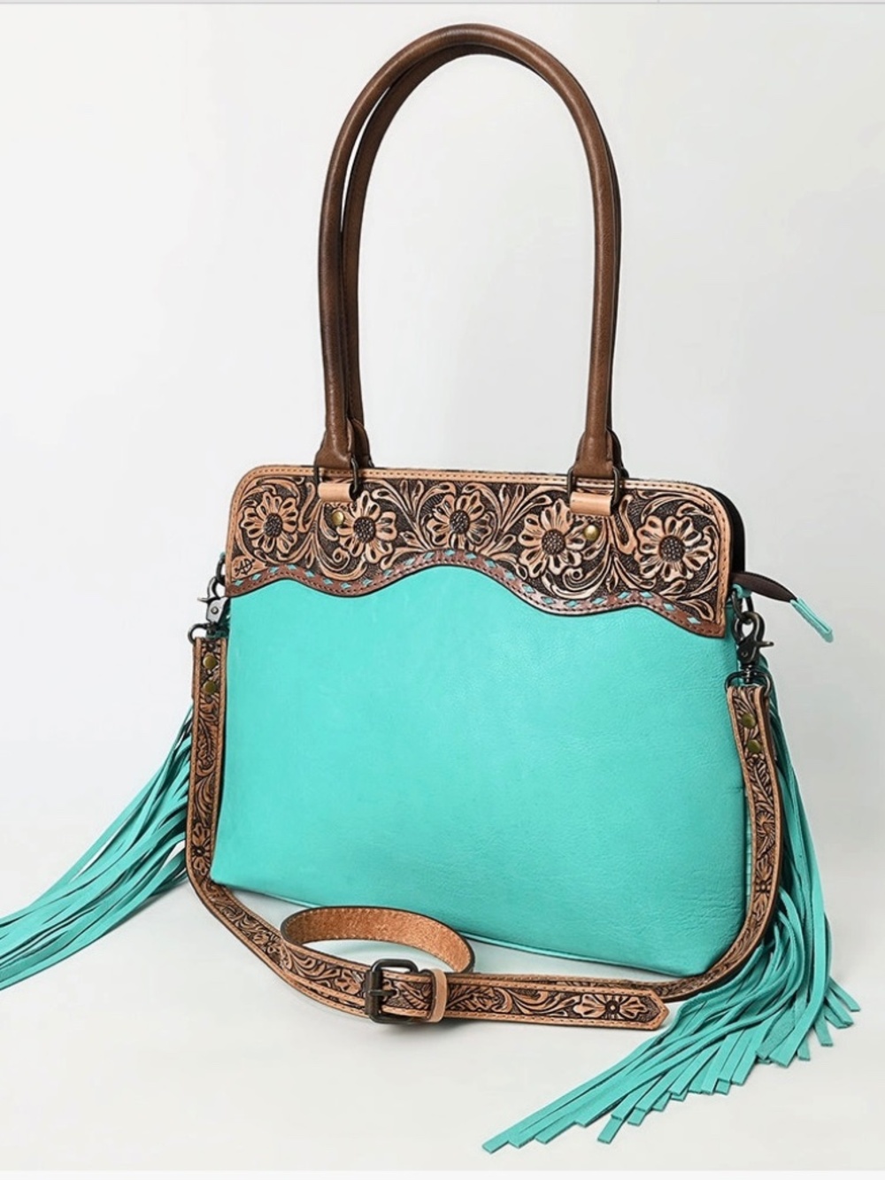 American Darling Western Leather Tote Bag with Hand-Tooled Floral Panel & Fringe